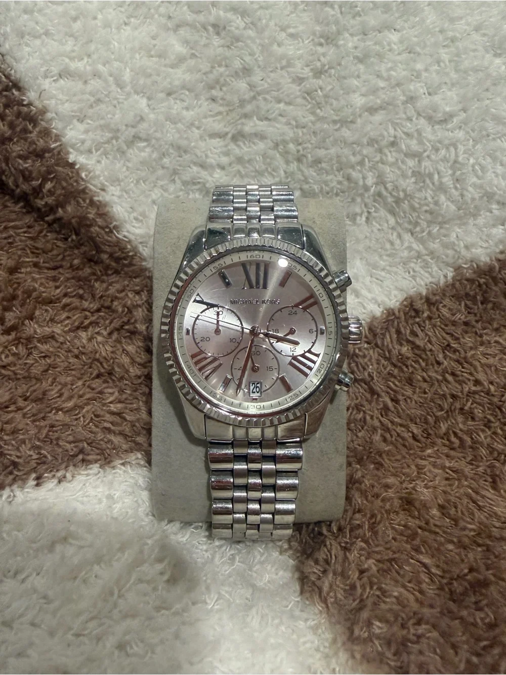 Michael Kors Silver Tone Stainless Steel Chronograph Watch with Rose Dial